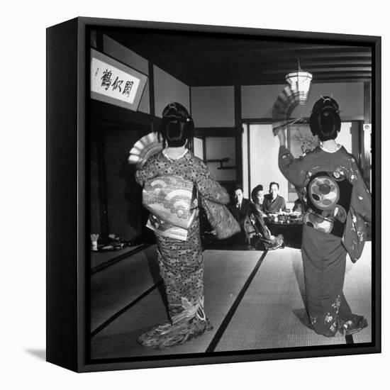 Two Geishas Dancing with Fans on Stage as Guests and Other Geshias Watch from Dinner Table-Alfred Eisenstaedt-Framed Stretched Canvas