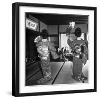 Two Geishas Dancing with Fans on Stage as Guests and Other Geshias Watch from Dinner Table-Alfred Eisenstaedt-Framed Photographic Print