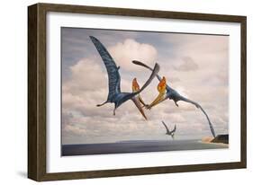Two Geosternbergia Pterosaurs Fighting over Small Fish-null-Framed Premium Giclee Print