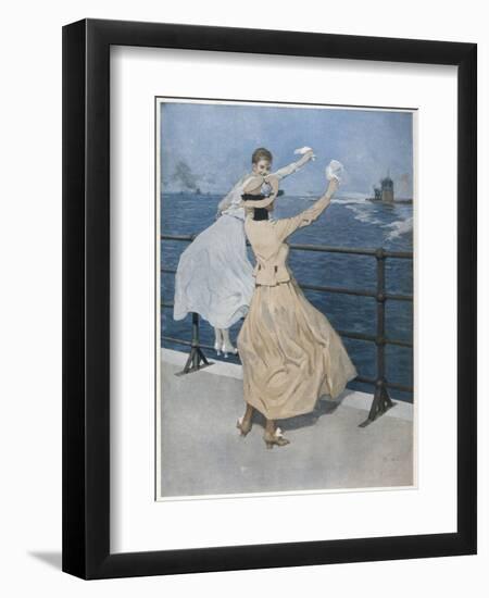 Two German Ladies Wave Farewell to a U-Boat-B. Wennerberg-Framed Art Print