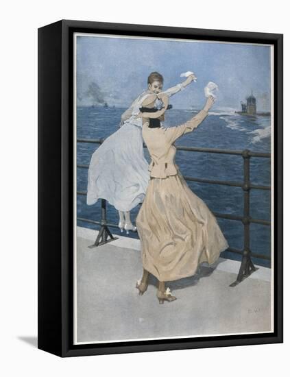 Two German Ladies Wave Farewell to a U-Boat-B. Wennerberg-Framed Stretched Canvas