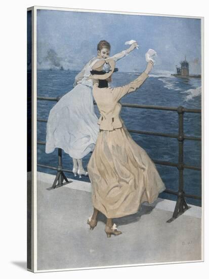 Two German Ladies Wave Farewell to a U-Boat-B. Wennerberg-Stretched Canvas
