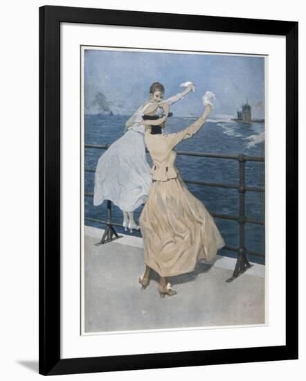 Two German Ladies Wave Farewell to a U-Boat-B. Wennerberg-Framed Art Print