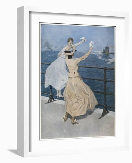 Two German Ladies Wave Farewell to a U-Boat-B. Wennerberg-Framed Art Print