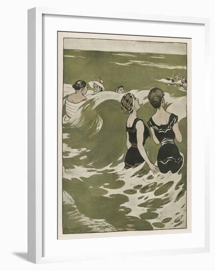 Two German Lady Bathers Watch Other Swimmers Playing in the Waves-Ferdinand Von Reznicek-Framed Art Print