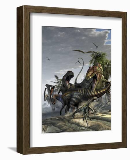 Two Giganotosaurus Trying to Capture a Parasaurolophus-Stocktrek Images-Framed Art Print