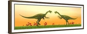 Two Gigantoraptor Dinosaurs Fighting on Green Grass by Sunset-null-Framed Premium Giclee Print