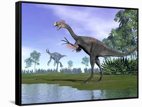 Two Gigantoraptor Dinosaurs in a Prehistoric Environment-null-Framed Stretched Canvas