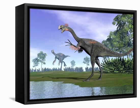 Two Gigantoraptor Dinosaurs in a Prehistoric Environment-null-Framed Stretched Canvas