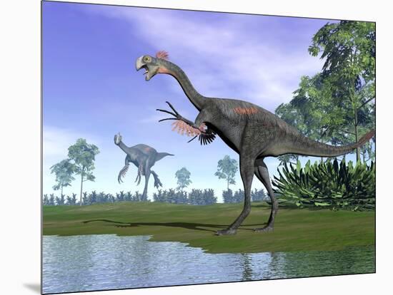 Two Gigantoraptor Dinosaurs in a Prehistoric Environment-null-Mounted Art Print