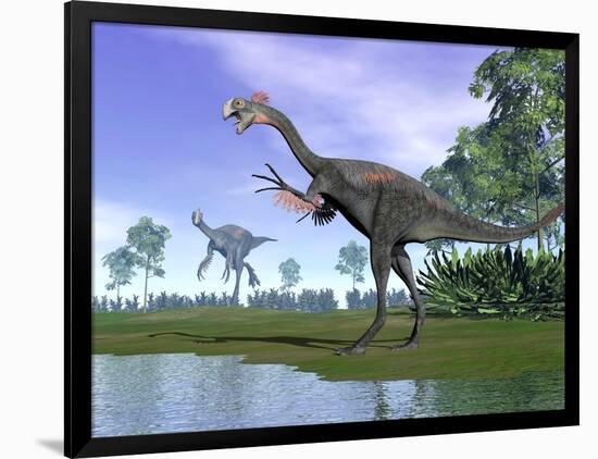 Two Gigantoraptor Dinosaurs in a Prehistoric Environment-null-Framed Art Print