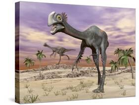 Two Gigantoraptor Dinosaurs Walking in the Desert-null-Stretched Canvas