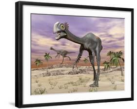 Two Gigantoraptor Dinosaurs Walking in the Desert-null-Framed Art Print