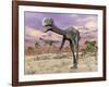 Two Gigantoraptor Dinosaurs Walking in the Desert-null-Framed Art Print