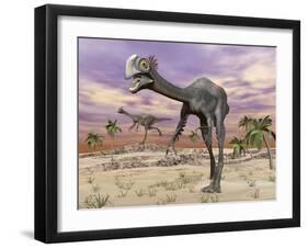 Two Gigantoraptor Dinosaurs Walking in the Desert-null-Framed Art Print