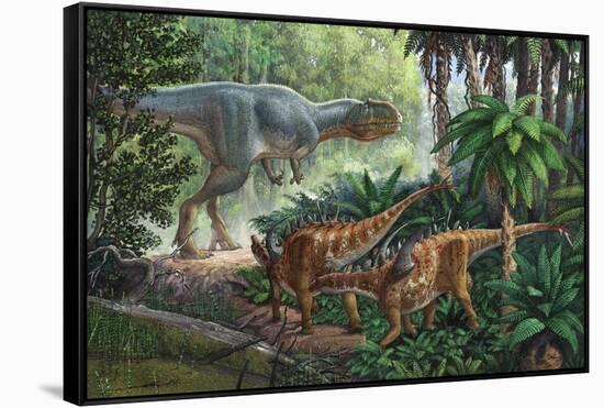 Two Gigantspinosaurus Fearful at the Sight of a Large Yangchuanosaurus.-null-Framed Stretched Canvas