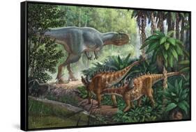 Two Gigantspinosaurus Fearful at the Sight of a Large Yangchuanosaurus.-null-Framed Stretched Canvas