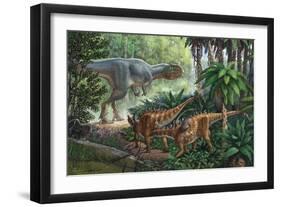Two Gigantspinosaurus Fearful at the Sight of a Large Yangchuanosaurus.-null-Framed Art Print