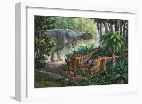 Two Gigantspinosaurus Fearful at the Sight of a Large Yangchuanosaurus.-null-Framed Art Print