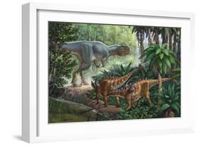 Two Gigantspinosaurus Fearful at the Sight of a Large Yangchuanosaurus.-null-Framed Art Print