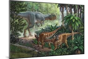Two Gigantspinosaurus Fearful at the Sight of a Large Yangchuanosaurus.-null-Mounted Art Print