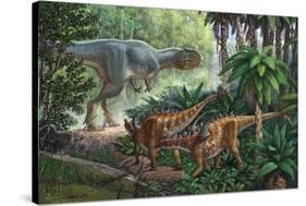 Two Gigantspinosaurus Fearful at the Sight of a Large Yangchuanosaurus.-null-Stretched Canvas