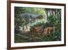 Two Gigantspinosaurus Fearful at the Sight of a Large Yangchuanosaurus.-null-Framed Premium Giclee Print