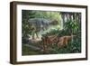 Two Gigantspinosaurus Fearful at the Sight of a Large Yangchuanosaurus.-null-Framed Premium Giclee Print