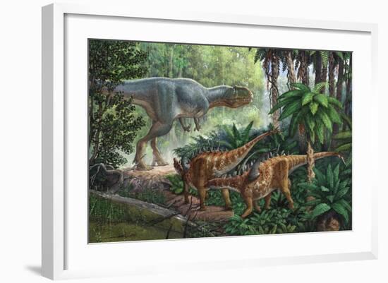 Two Gigantspinosaurus Fearful at the Sight of a Large Yangchuanosaurus.-null-Framed Art Print