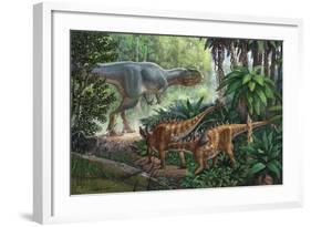 Two Gigantspinosaurus Fearful at the Sight of a Large Yangchuanosaurus.-null-Framed Art Print