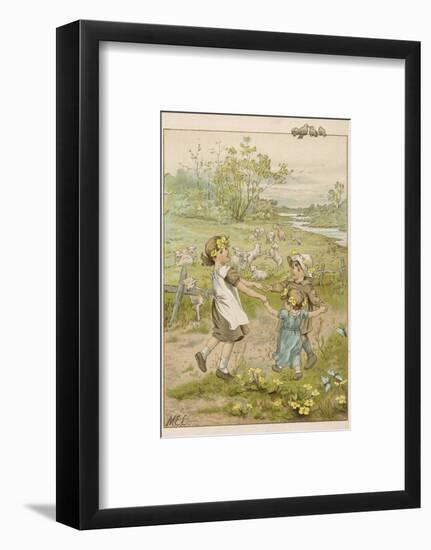 Two Girls and a Boy Dancing in a Meadow in the Springtime - the Lambs are Frisky Too-null-Framed Photographic Print