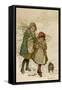 Two Girls and Their Dog Gather Mistletoe in the Snow-Lizzie-Framed Stretched Canvas