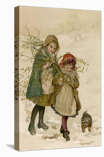 Two Girls and Their Dog Gather Mistletoe in the Snow-Lizzie-Stretched Canvas