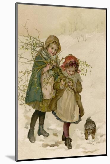 Two Girls and Their Dog Gather Mistletoe in the Snow-Lizzie-Mounted Photographic Print