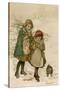 Two Girls and Their Dog Gather Mistletoe in the Snow-Lizzie-Stretched Canvas