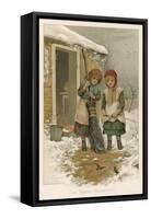 Two Girls Give the Robins Their Breakfast-Harriet M. Bennett-Framed Stretched Canvas