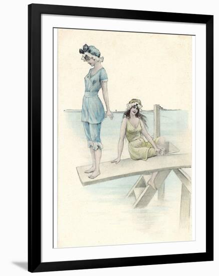 Two Girls in Bathing Suits One About to Dive into the Sea from a Diving Board-null-Framed Art Print