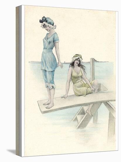 Two Girls in Bathing Suits One About to Dive into the Sea from a Diving Board-null-Stretched Canvas