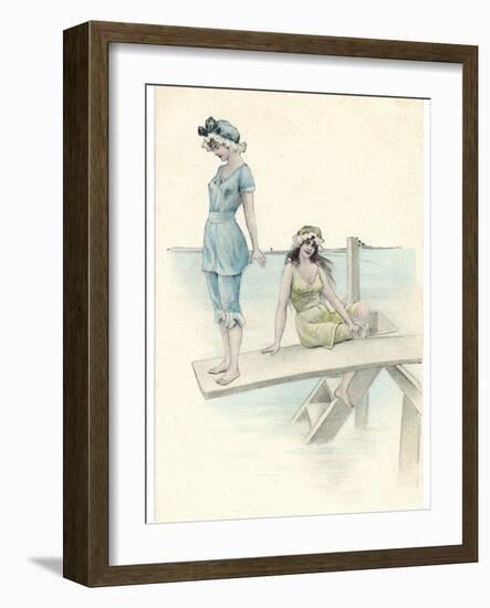 Two Girls in Bathing Suits One About to Dive into the Sea from a Diving Board-null-Framed Art Print