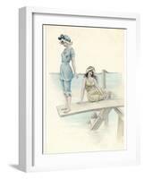 Two Girls in Bathing Suits One About to Dive into the Sea from a Diving Board-null-Framed Art Print