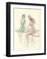 Two Girls in Bathing Suits Sitting and Chatting on the Jetty-null-Framed Art Print