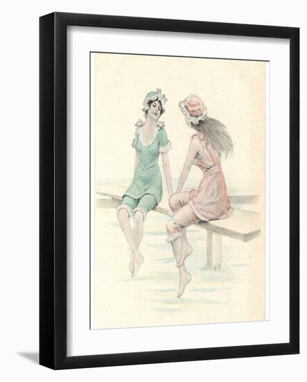 Two Girls in Bathing Suits Sitting and Chatting on the Jetty-null-Framed Art Print