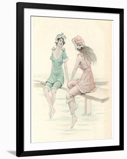 Two Girls in Bathing Suits Sitting and Chatting on the Jetty-null-Framed Art Print