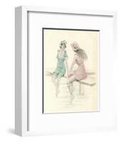 Two Girls in Bathing Suits Sitting and Chatting on the Jetty-null-Framed Art Print