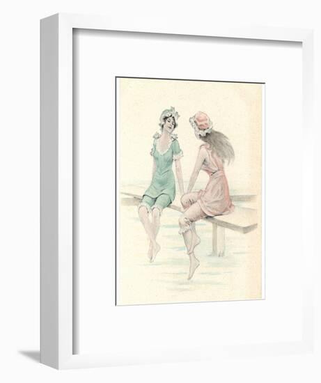 Two Girls in Bathing Suits Sitting and Chatting on the Jetty-null-Framed Art Print