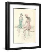 Two Girls in Bathing Suits Sitting and Chatting on the Jetty-null-Framed Art Print