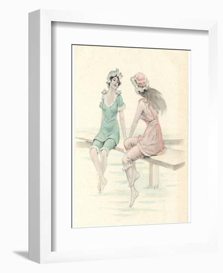 Two Girls in Bathing Suits Sitting and Chatting on the Jetty-null-Framed Art Print