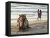 Two Girls on Beach at Dusk, Camel Waiting, Ganpatipule, Karnataka, India, Asia-Annie Owen-Framed Stretched Canvas