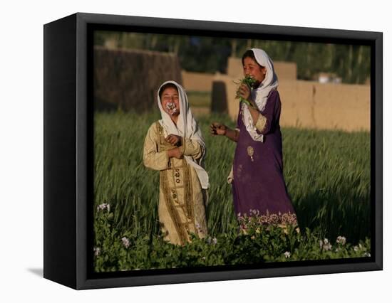 Two Girls Play in the Bamiyan Valley, Next to the Buddha Statue That was Destroyed, July 19, 2006-Rodrigo Abd-Framed Stretched Canvas