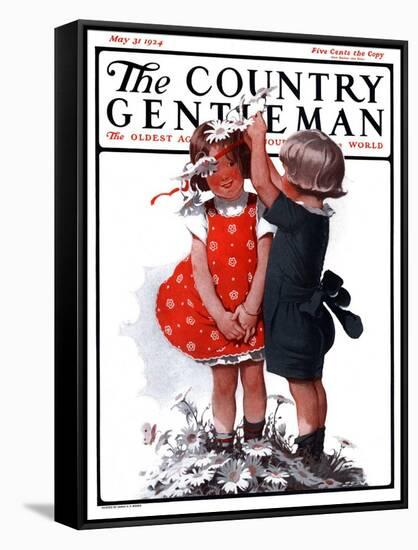 "Two Girls Playing with Flowers," Country Gentleman Cover, May 31, 1924-Sarah Stilwell Weber-Framed Stretched Canvas